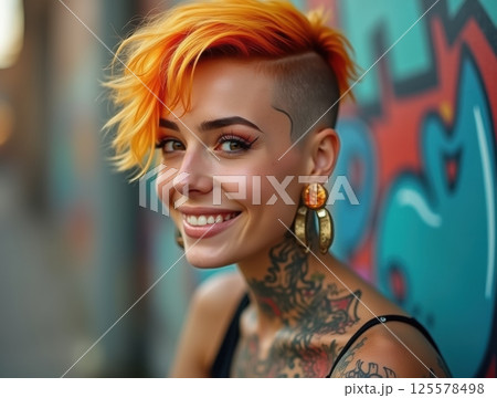 Woman with bright orange hair, large earrings, and colorful tattoos, standing near graffiti wall. 125578498