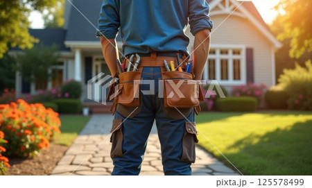 A handyman with a leather tool belt stands on a garden path facing a suburban house, ready for home maintenance or repair work in a sunny yard. 125578499