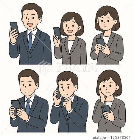 スマホアイコンセット｜スーツ姿のビジネス男女・表情バリエーション付きイラスト 125578504