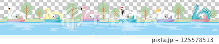 Seamless vector line illustration of swan boats with various bird motifs floating in a landscape of trees and water Seamless vector line illustration of swan boats with various bird motifs floating in a landscape of trees and water 125578513
