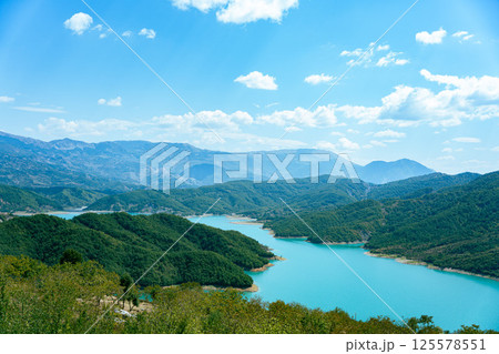 Landscape view of the turquoise lake of Bovilla - Albania. Landscape view of the turquoise lake of Bovilla - Albania. 125578551