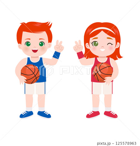 Cute boy and girl basketball team with victory pose Cute boy and girl basketball team with victory pose 125578963