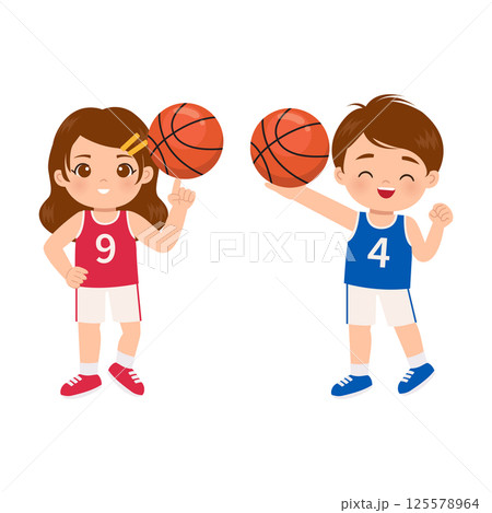 Cute boy and girl pose with basket ball Cute boy and girl pose with basket ball 125578964