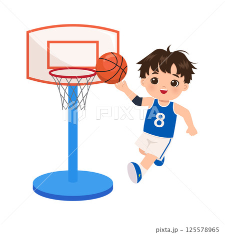 Cute boy playing and shoot basket ball to the hoop Cute boy playing and shoot basket ball to the hoop 125578965