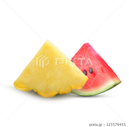 closeup of some pieces of refreshing watermelon and pine apple on a white background. closeup of some pieces of refreshing watermelon and pine apple on a white background. 125579455