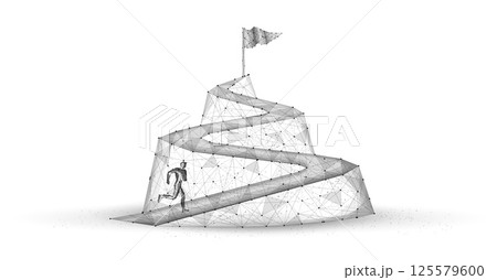 Man runs up the mountain with flag on the top. Growth opportunity, Dream career 125579600