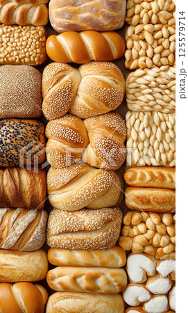 Assortment of freshly baked bread loaves in traditional bakery. concept of artisan baking, culinary craftsmanship, homemade pastries.. Vertical Assortment of freshly baked bread loaves in traditional bakery. concept of artisan baking, culinary craftsmanship, homemade pastries.. Vertical 125579714
