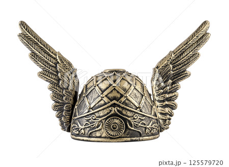 Medieval knight helmet with wings isolated on white background with clipping path Medieval knight helmet with wings isolated on white background with clipping path 125579720