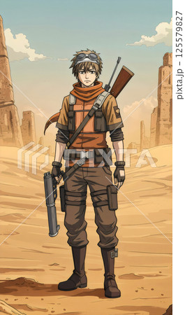 Desert wasteland sandstorm ancient ruins rough clothing 125579827