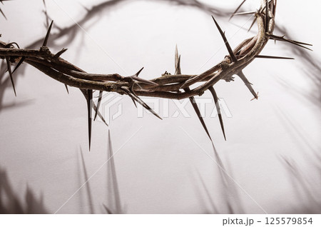 Jesus Crown of thorns casting a distinct shadow on a for Christian background, Easter concept creating a symbolic image of suffering, sacrifice, and remembrance Copy space for text 125579854