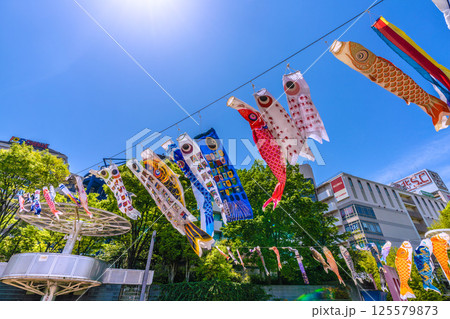 日本の横浜都市景観　地下鉄　「センター南駅」前の鯉のぼりなどを望む 125579873