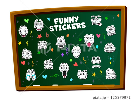 Cartoon funny face emotions stickers pack with vector smile emojis characters. Happy, scared and confused facial expression emoticons. Cute face emotion characters winking, crying and teasing tongues 125579971