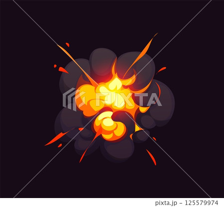 Cartoon boom cloud, bomb explosion blast effect, comic fire and smoke. Vector explode burst with swirling black smoke and bright molten flames at the core, emphasizing energy and fiery destruction Cartoon boom cloud, bomb explosion blast effect, comic fire and smoke. Vector explode burst with swirling black smoke and bright molten flames at the core, emphasizing energy and fiery destruction 125579974