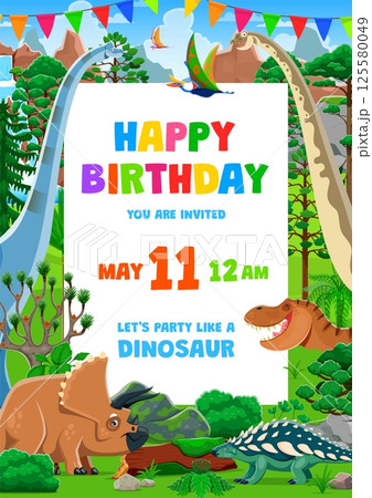 Happy birthday party flyer with funny dinosaurs. Dino party vector poster with cartoon jurassic dinosaur characters in jungle with color flags bunting. Kids birthday invitation flyer with cute dinos 125580049