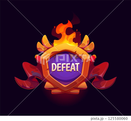 Defeat game frame icon, ui asset. Cartoon vector gui fantasy arcade final badge. Level end label, pop up videogame screen. Lose battle sign features flames, royal winged shield and rugged red banner 125580060