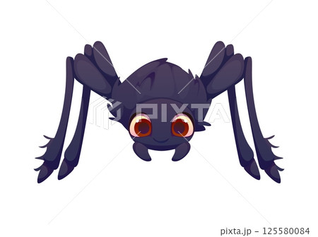 Letter M as cute cartoon black spider character, kids animal alphabet, funny zoo mascot font, children English typeface. Abc type letter as funny insect with big eyes, fluffy fur and long curved legs 125580084