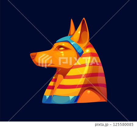 Anubis, the ancient Egyptian god of the afterlife, Egypt game icon, treasure asset depicted as golden jackal head adorned in a vibrant striped nemes headdress. Cartoon vector regal artifact or relic Anubis, the ancient Egyptian god of the afterlife, Egypt game icon, treasure asset depicted as golden jackal head adorned in a vibrant striped nemes headdress. Cartoon vector regal artifact or relic 125580085