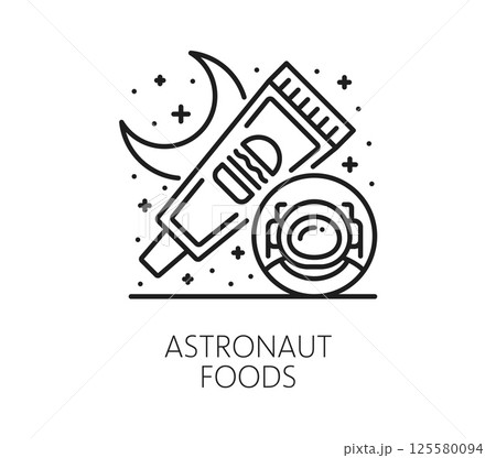 Line galaxy space icon representing astronaut food with a squeezable space food tube, an cosmonaut helmet, stars and a crescent moon. Vector black linear symbol for education or astronomy science 125580094