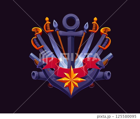 Heraldic ship anchor with pirate sabres, swords, cannons, golden compass star and red ribbon. Cartoon vector emblem symbolizing adventure and maritime navigation. Corsair or buccaneer naval crest 125580095