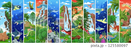 Cartoon dinosaurs and water dinos characters collage. Vector prehistoric animals and reptiles personages of triceratops, velociraptor and megalodon. Cute stegosaurus and pteranodon dinosaur characters 125580097