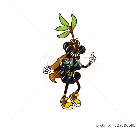 Groovy berry pirate or corsair cartoon character with funny face vector comic personage. Groovy blackcurrant or bird cherry berry pirate or Caribbean corsair and sailor skipper with happy funky smile 125580099