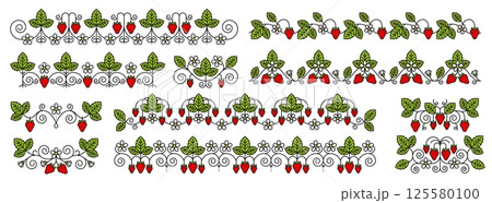 Ornate strawberry divider and border decorations featuring red berries, green leaves and white flowers in decorative swirly arrangements or embellishments. Vector set of linear trims with ripe berries 125580100