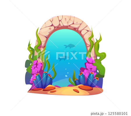 Underwater stone gate or door of game magic portal. Vector fantasy sea world entrance with cartoon rock arch, corals and seaweeds, blue water and fish. Fantasy magic underwater portal game asset 125580101