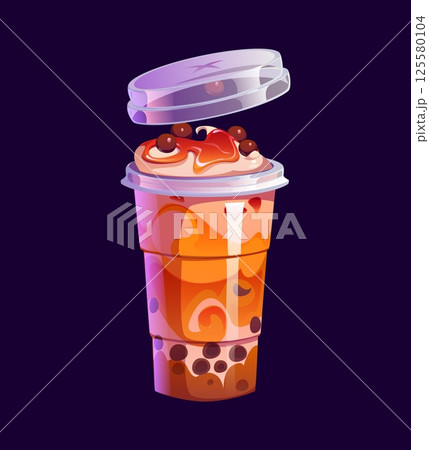 Cartoon milk bubble tea glass. Vector brown tapioca boba dessert drink with creamy topping, drizzled with syrup and chocolate pearls, placed in a cup with a transparent, slightly lifted floating lid Cartoon milk bubble tea glass. Vector brown tapioca boba dessert drink with creamy topping, drizzled with syrup and chocolate pearls, placed in a cup with a transparent, slightly lifted floating lid 125580104