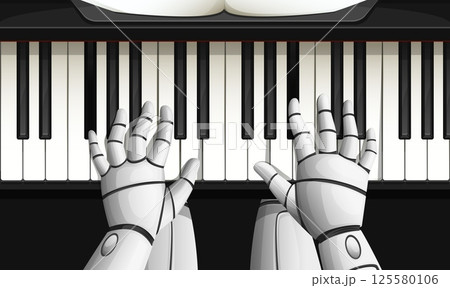 Robot musician plays musical composition on the piano. Realistic 3d vector cyborg hands on piano keys top view. Artificial intelligence machine music learning, neural network futuristic technologies Robot musician plays musical composition on the piano. Realistic 3d vector cyborg hands on piano keys top view. Artificial intelligence machine music learning, neural network futuristic technologies 125580106