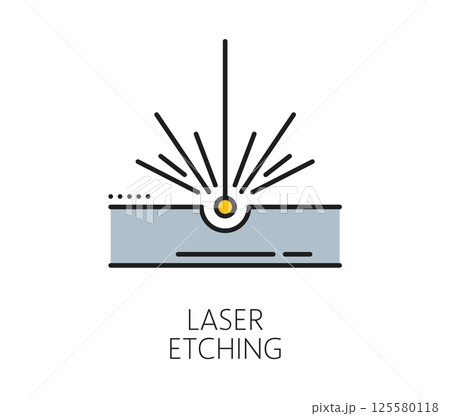 Laser etching line icon depicting focused laser beam engraving metal surface. Isolated vector linear stroke sign representing industrial laser etching process used for precision engraving and marking 125580118