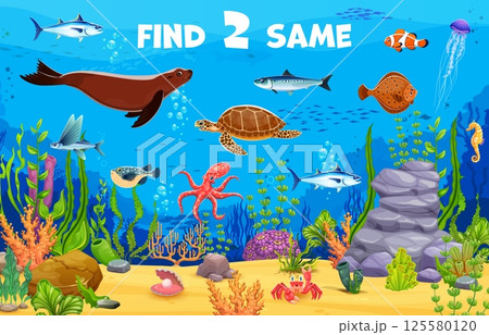 Kids game worksheet to find two same sea animals or fishes, vector underwater quiz puzzle. Cartoon game to find two same tuna fishes between sea turtle, crab with flounder and seahorse in underwater Kids game worksheet to find two same sea animals or fishes, vector underwater quiz puzzle. Cartoon game to find two same tuna fishes between sea turtle, crab with flounder and seahorse in underwater 125580120