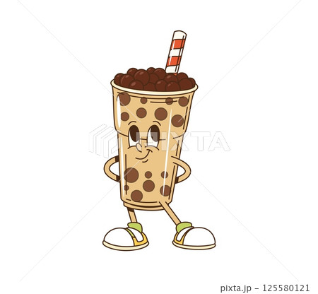 Groovy bubble tea drink character in retro cartoon with funny face, vector comic personage. Groovy bubble tea cup of chocolate or cocoa milk and drinking straw, funky happy character for emoji Groovy bubble tea drink character in retro cartoon with funny face, vector comic personage. Groovy bubble tea cup of chocolate or cocoa milk and drinking straw, funky happy character for emoji 125580121