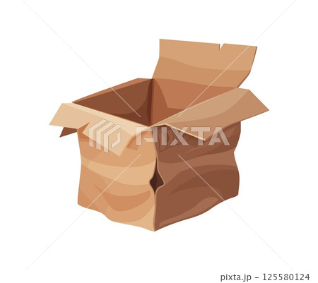 Damaged and dirty cargo cardboard box. Ripped wet cardboard paper parcel, destroyed dirty isolated cartoon vector shipping box. Damaged crumpled cargo package or broken crushed delivery container 125580124