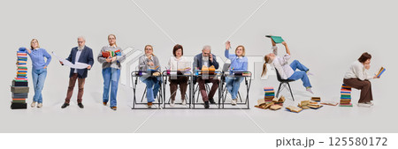 Collage of mature students sitting at desks, studying on classroom, taking notes on white background. Lifelong learning and engagement. Collage of mature students sitting at desks, studying on classroom, taking notes on white background. Lifelong learning and engagement. 125580172