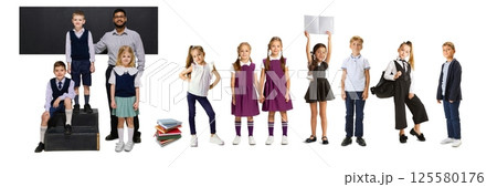Collage made of teacher with smiling elementary school children, dressed in uniforms, showcasing excitement about learning. Collage made of teacher with smiling elementary school children, dressed in uniforms, showcasing excitement about learning. 125580176