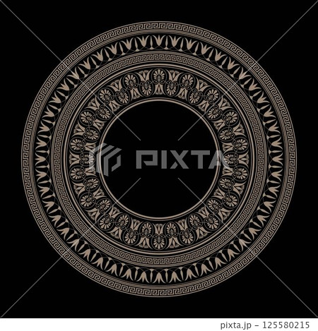 Vector round golden classic frame on black background. Greek floral meander frame plate. Patterns of Greece, ancient Rome. Circle european porcelain plate. Typical egyptian, greek, cinesi motives  125580215