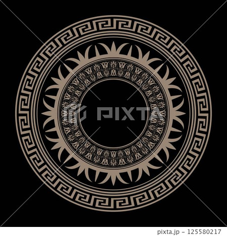 Vector round golden classic frame. Greek floral and key meander. Typical egyptian, assyrian, greek, cinesi motives. Patterns of Greece, ancient Rome. Circle european border. Round antique border.  125580217