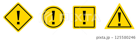 Exclamation mark in yellow square, circle, triangle and rhombus with shadow. Set of caution symbols. Danger warning sign sign. Vector illustration on a white background. 125580246