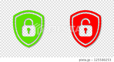 Green lock and red unlock padlock with shiled icons. Vector clipart illustration on a transparent background. For web site or mobile app about security information. Green lock and red unlock padlock with shiled icons. Vector clipart illustration on a transparent background. For web site or mobile app about security information. 125580253
