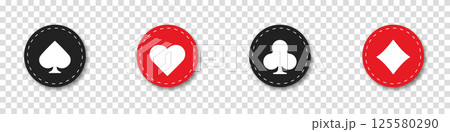 Hearts, clubs, diamonds and spades icon on an isolated transparent background. Set collection gambling sign symbol of playing card suits and chips for poker and casino. 125580290