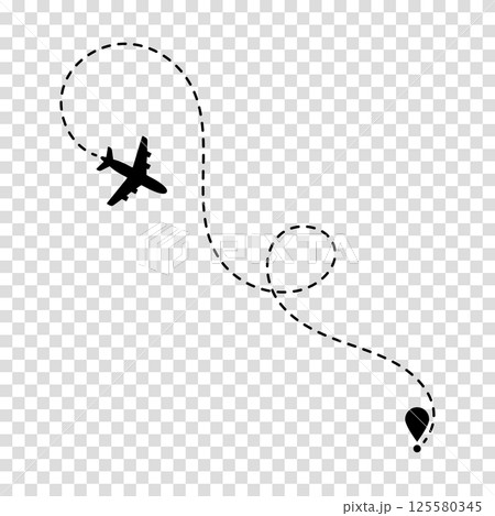 Airplane route plane path. Travel concept. Dotted path airplane. Aircraft tracking. Vector illustration on a transparent background. 125580345