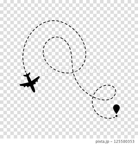 Airplane route plane path. Travel concept. Dotted path airplane. Aircraft tracking. Vector illustration on a transparent background. 125580353