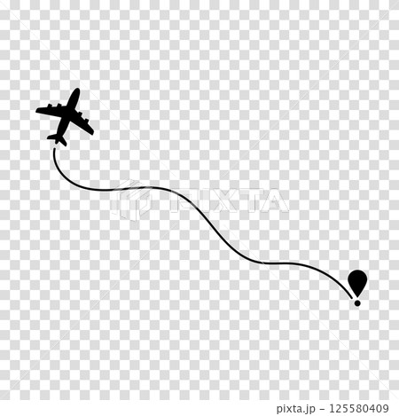 Airplane route plane path. Travel concept. Aircraft tracking. Vector illustration on a transparent background. 125580409