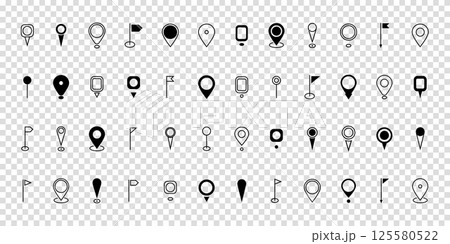Set black location pin icon. Map pin place marker. Destination symbol. Modern Map marker pointer logo icon set. GPS pin symbol collection. Flat style. Vector illustration on transparent background. 125580522