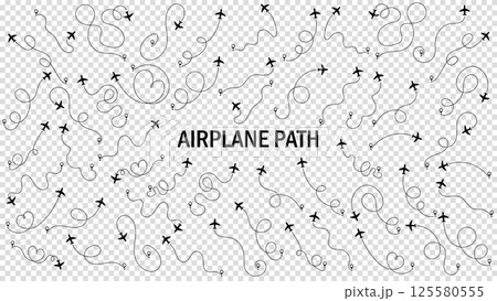 Airplane or aeroplane routes path set. Travel concept from start point and dotted line tracing. Aircraft tracking, plane path, travel, map pins, location pins. Vector illustration. Transparent bg. 125580555