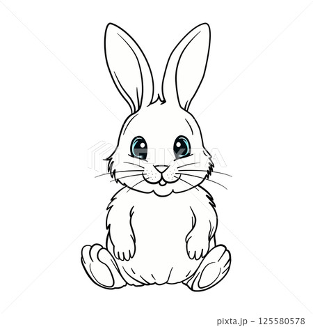 Outline illustration of a cute bunny rabbit, ideal for coloring books, stickers, and kids' projects. Simple and charming design with big eyes. High-quality vector graphics. 125580578