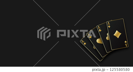 A hand fan of playing cards consisting of four black and golden Ace of Spades, Diamonds, Clubs, Hearts. Vector illustration poker and casino of all the aces on black table background. 125580580