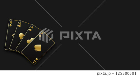A hand fan of playing cards consisting of four black and golden Ace of Spades, Diamonds, Clubs, Hearts. Vector illustration poker and casino of all the aces on black table background. A hand fan of playing cards consisting of four black and golden Ace of Spades, Diamonds, Clubs, Hearts. Vector illustration poker and casino of all the aces on black table background. 125580581