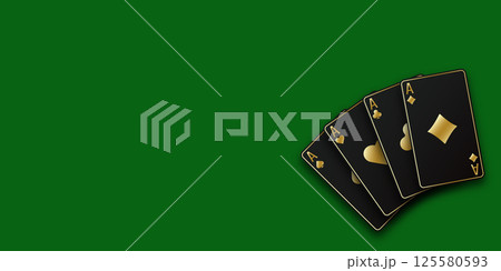 Green Poker or Casino table background. A hand fanned of playing cards consisting Ace of Spades, Diamonds, Clubs, Hearts. Vector illustration Casino or Poker of all the aces. Green Poker or Casino table background. A hand fanned of playing cards consisting Ace of Spades, Diamonds, Clubs, Hearts. Vector illustration Casino or Poker of all the aces. 125580593
