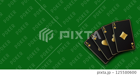 Green Poker table background. A hand fanned of playing cards consisting Ace of Spades, Diamonds, Clubs, Hearts. Vector illustration Poker of all the aces. 125580600